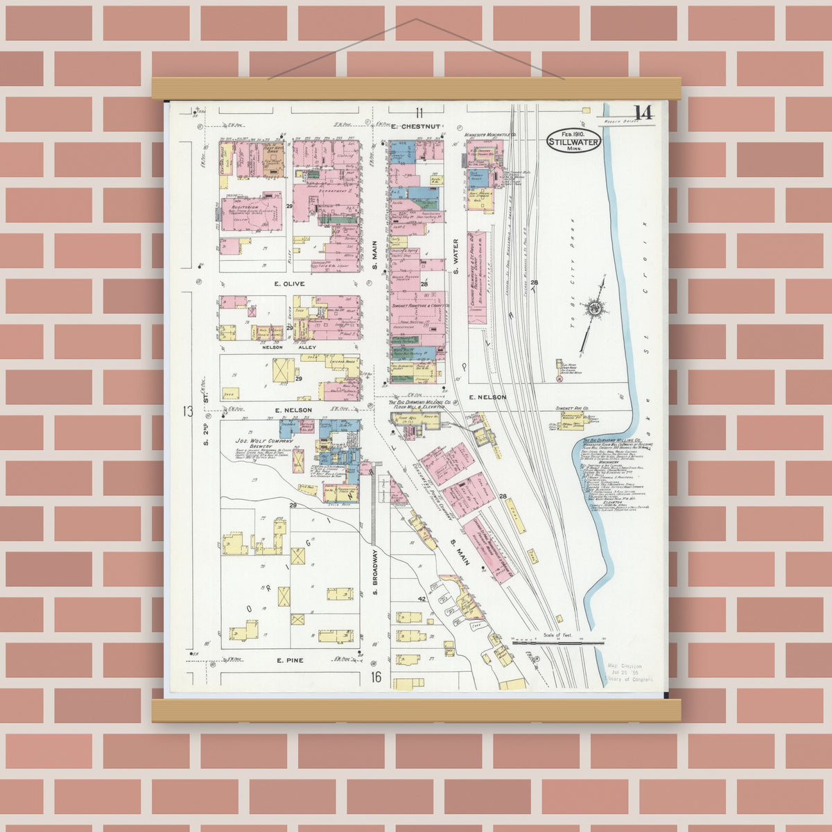 Old map wall art mockup — magnetic wood frame on brick wall — Sanborn Fire Insurance Map from Stillwater, Washington County, Minnesota (1910), Sheet #0014