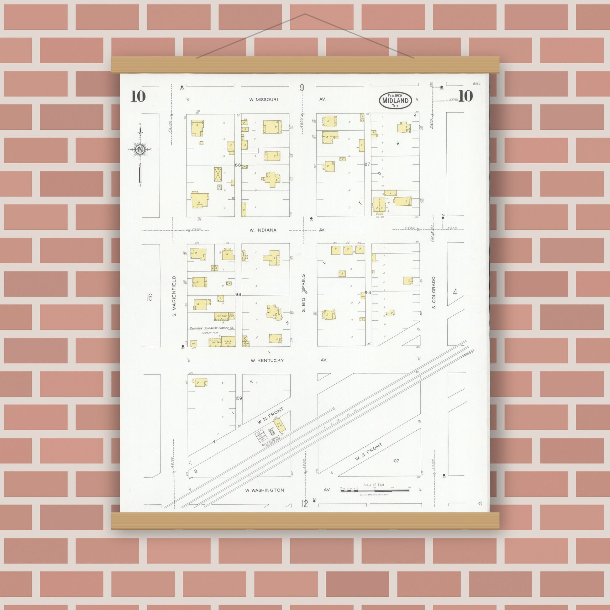 Old map wall art mockup — magnetic wood frame on brick wall — Sanborn Fire Insurance Map from Midland, Midland County, Texas (1929), Sheet #0010