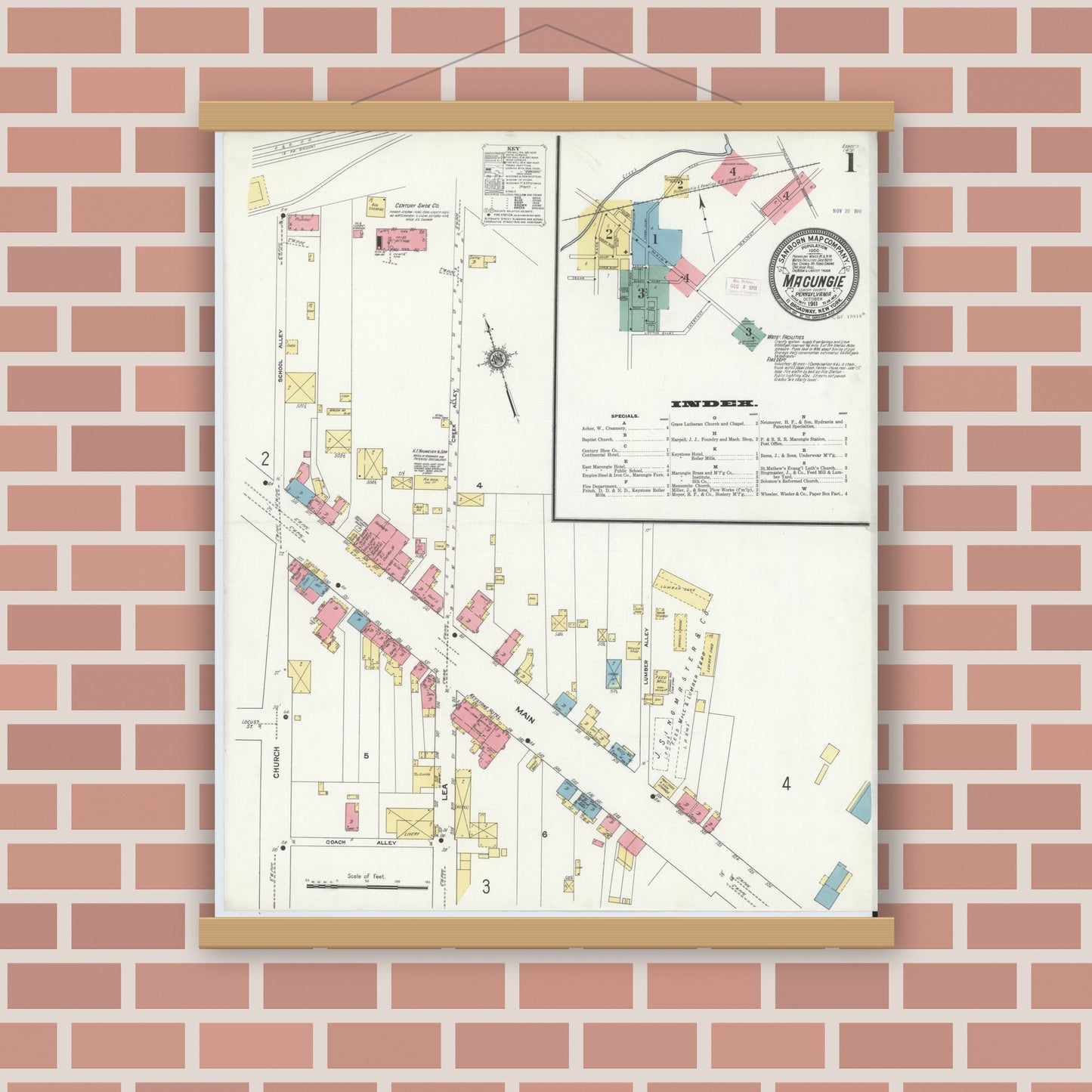 Old map wall art mockup — magnetic wood frame on brick wall — Sanborn Fire Insurance Map from Macungie, Lehigh County, Pennsylvania (1911), Sheet #0001