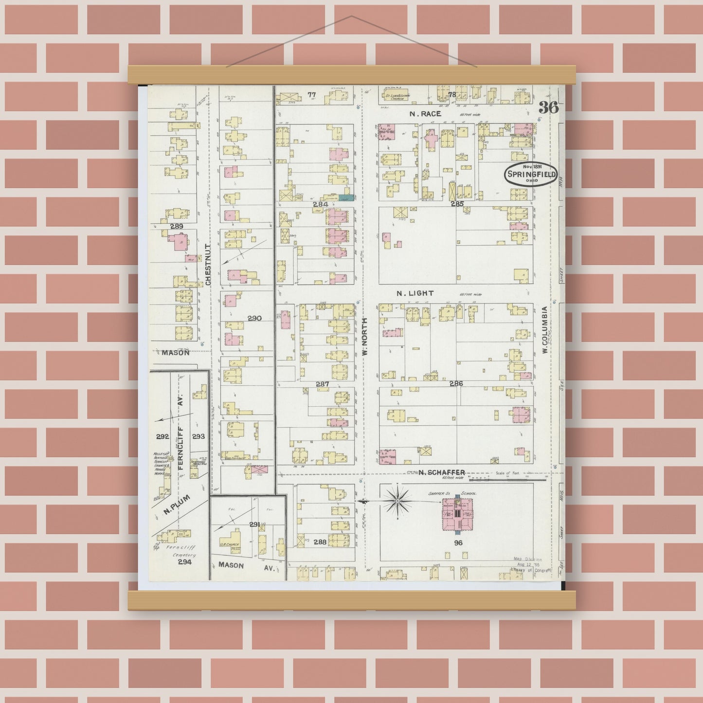 Old map wall art mockup — magnetic wood frame on brick wall — Sanborn Fire Insurance Map from Springfield, Clark County, Ohio (1891), Sheet #0036