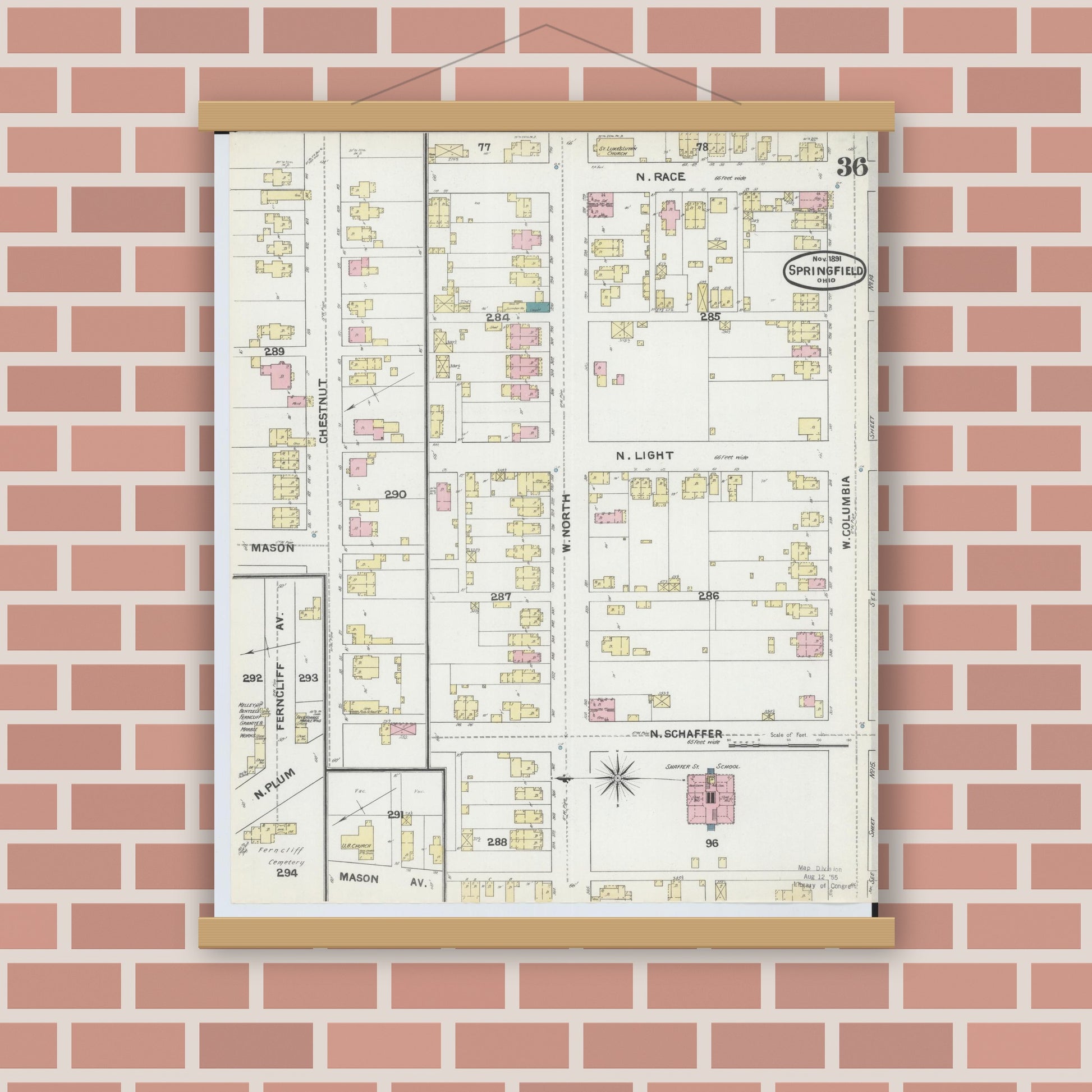 Old map wall art mockup — magnetic wood frame on brick wall — Sanborn Fire Insurance Map from Springfield, Clark County, Ohio (1891), Sheet #0036