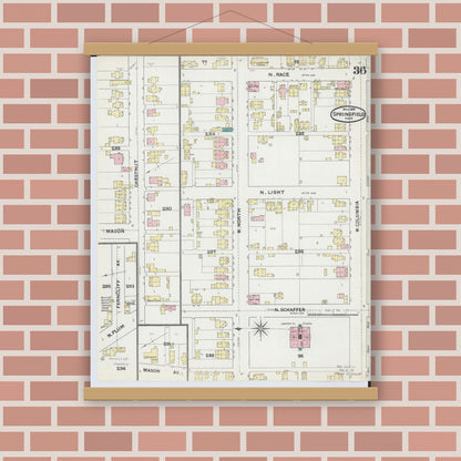 Old map wall art mockup — magnetic wood frame on brick wall — Sanborn Fire Insurance Map from Springfield, Clark County, Ohio (1891), Sheet #0036