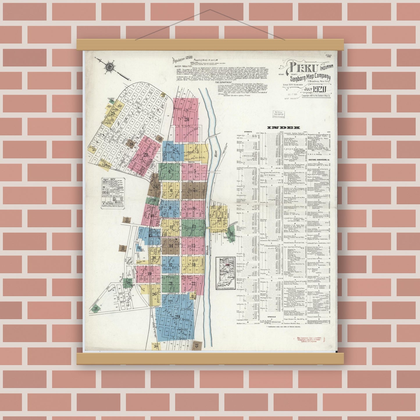 Old map wall art mockup — magnetic wood frame on brick wall — Sanborn Fire Insurance Map from Peru, Miami County, Indiana (1920) - Complete Map Set