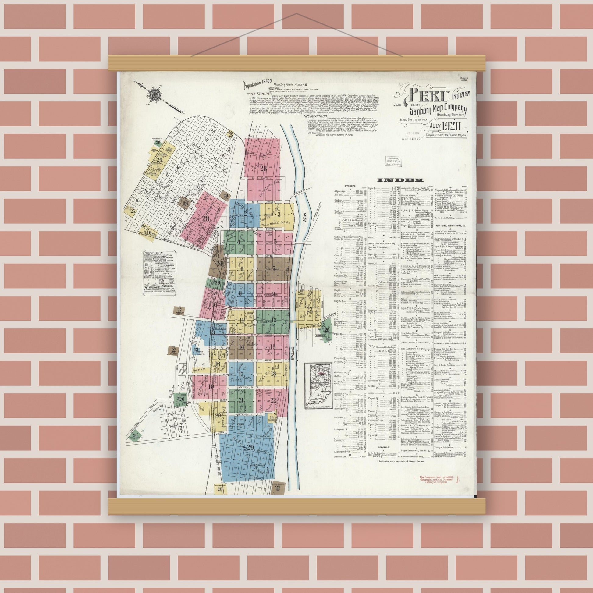 Old map wall art mockup — magnetic wood frame on brick wall — Sanborn Fire Insurance Map from Peru, Miami County, Indiana (1920) - Complete Map Set