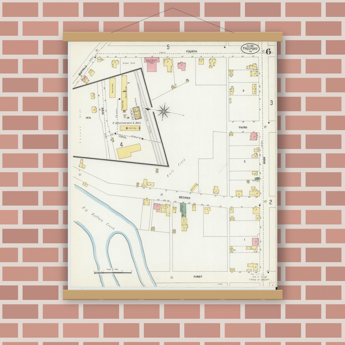 Old map wall art mockup — magnetic wood frame on brick wall — Sanborn Fire Insurance Map from Freeport, Armstrong County, Pennsylvania (1902), Sheet #0006