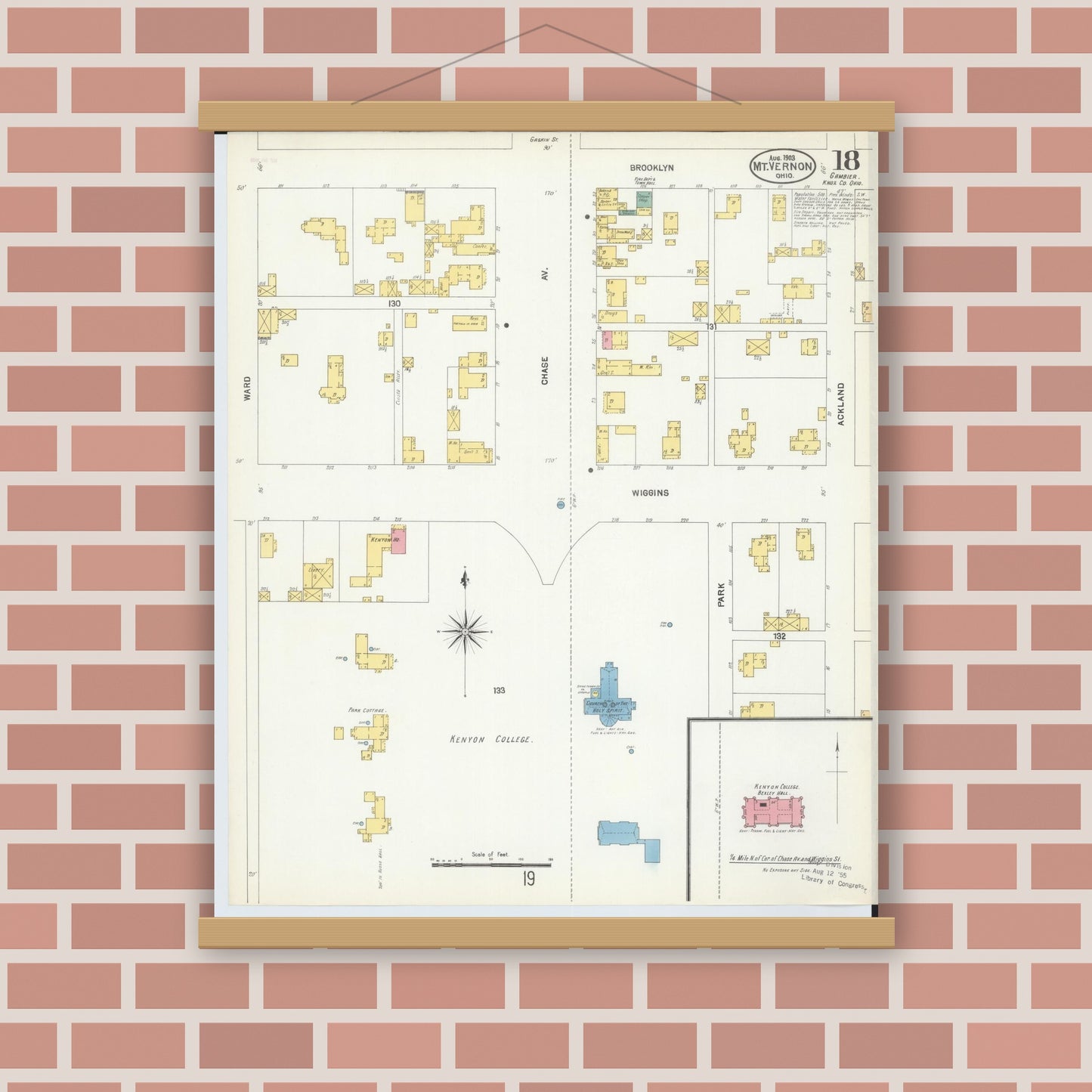 Old map wall art mockup — magnetic wood frame on brick wall — Sanborn Fire Insurance Map from Mount Vernon, Knox County, Ohio (1903), Sheet #0018