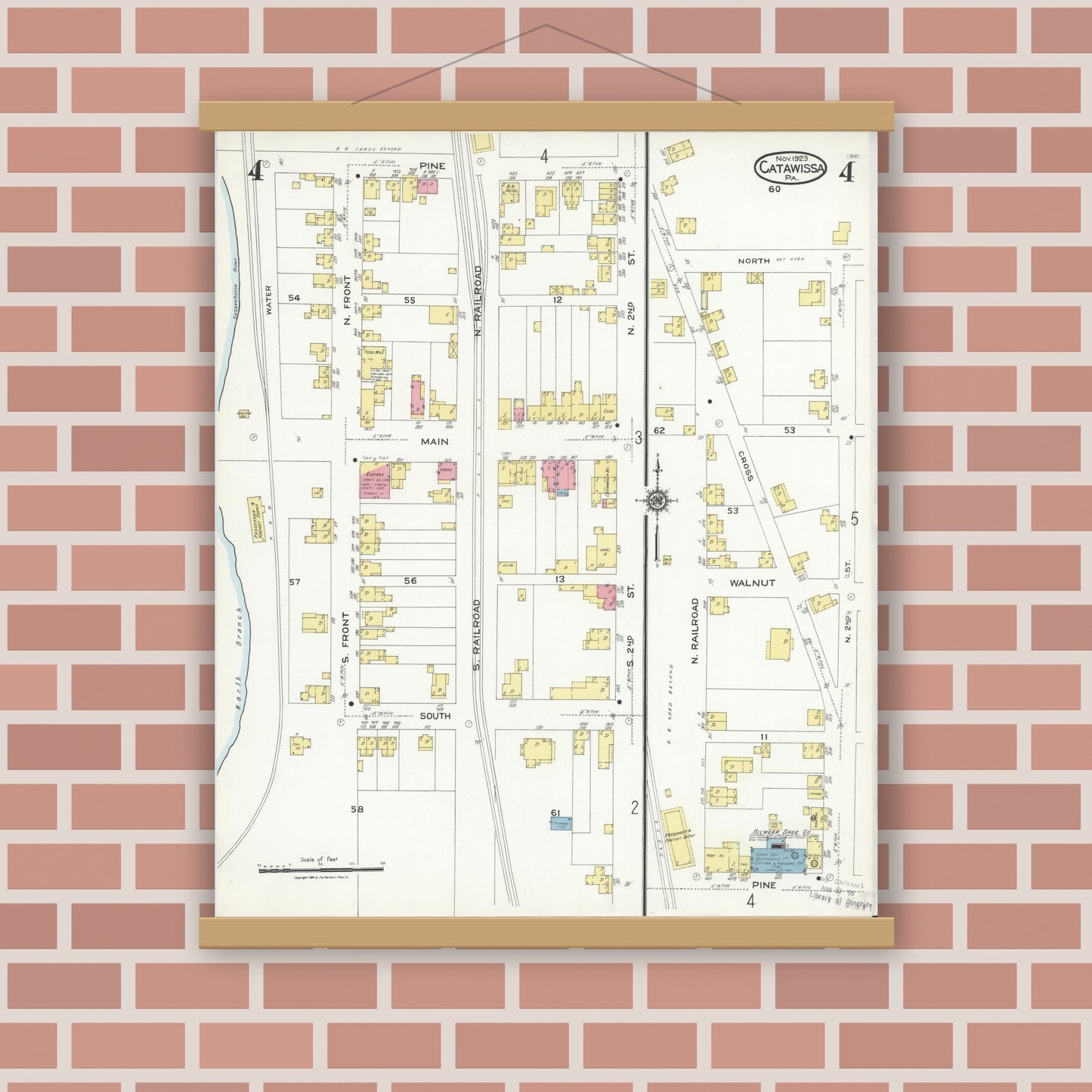 Old map wall art mockup — magnetic wood frame on brick wall — Sanborn Fire Insurance Map from Catawissa, Columbia County, Pennsylvania (1923), Sheet #0004