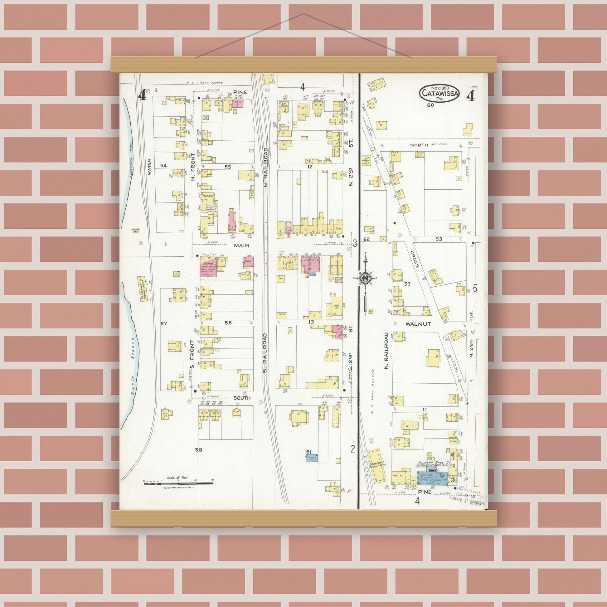 Old map wall art mockup — magnetic wood frame on brick wall — Sanborn Fire Insurance Map from Catawissa, Columbia County, Pennsylvania (1923), Sheet #0004