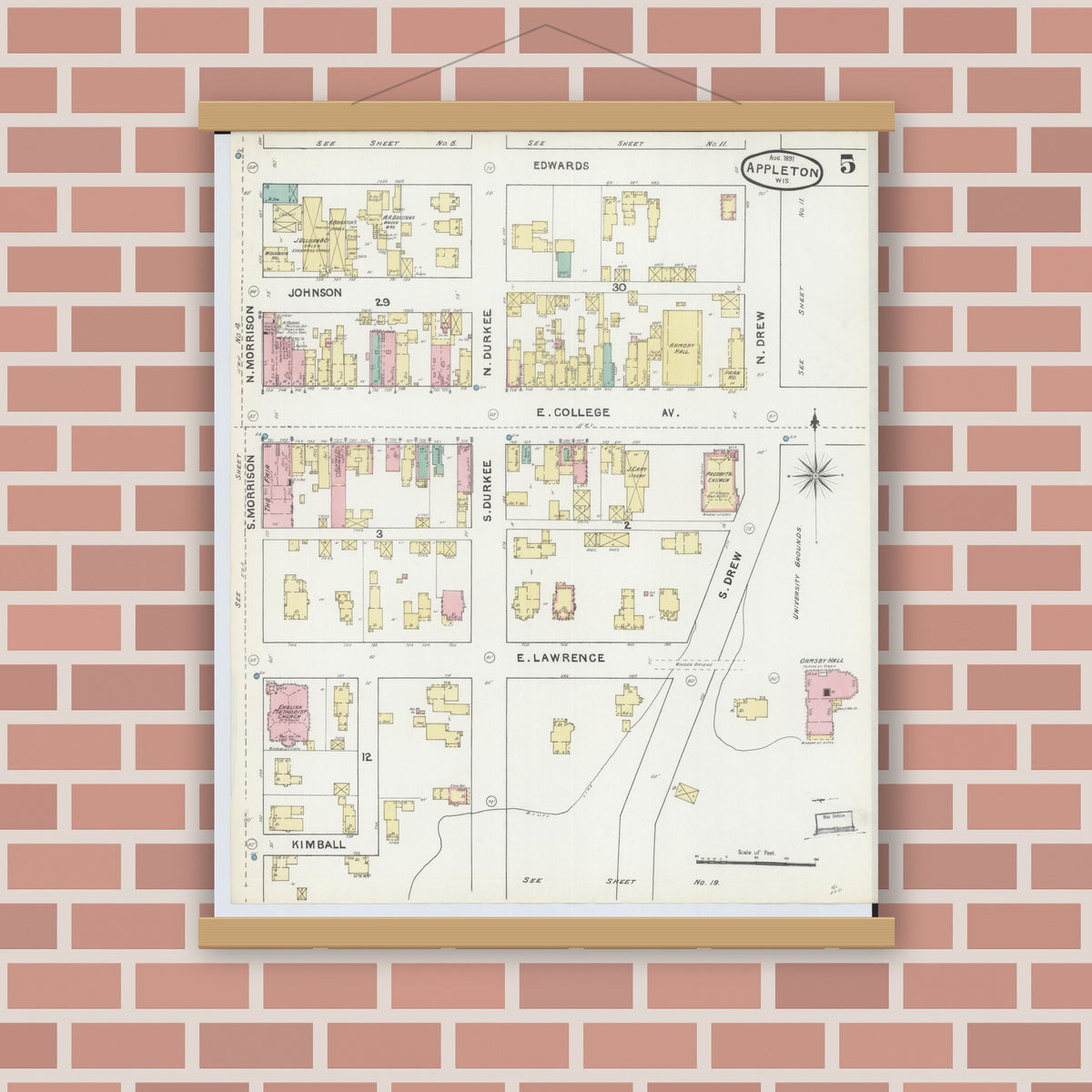 Old map wall art mockup — magnetic wood frame on brick wall — Sanborn Fire Insurance Map from Appleton, Outagamie County, Wisconsin (1891), Sheet #0005