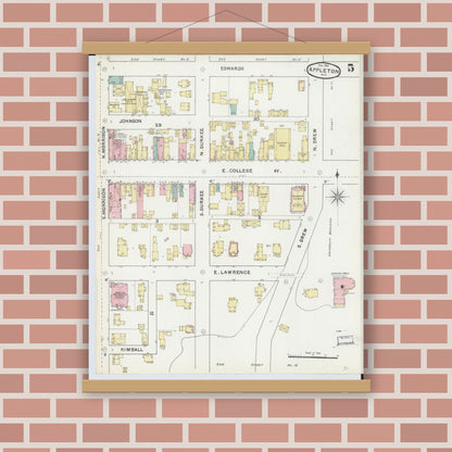 Old map wall art mockup — magnetic wood frame on brick wall — Sanborn Fire Insurance Map from Appleton, Outagamie County, Wisconsin (1891), Sheet #0005
