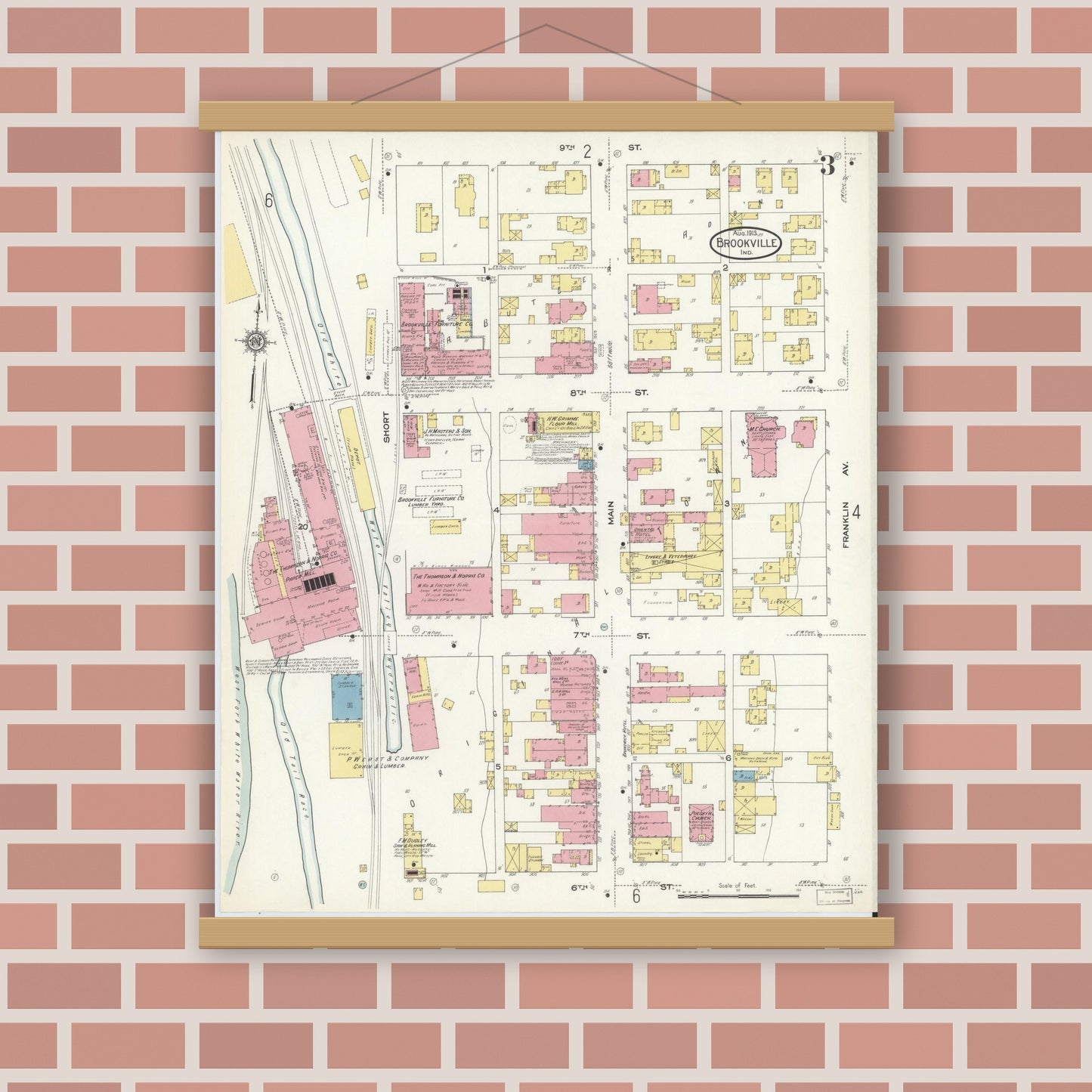 Old map wall art mockup — magnetic wood frame on brick wall — Sanborn Fire Insurance Map from Brookville, Franklin County, Indiana (1913), Sheet #0003