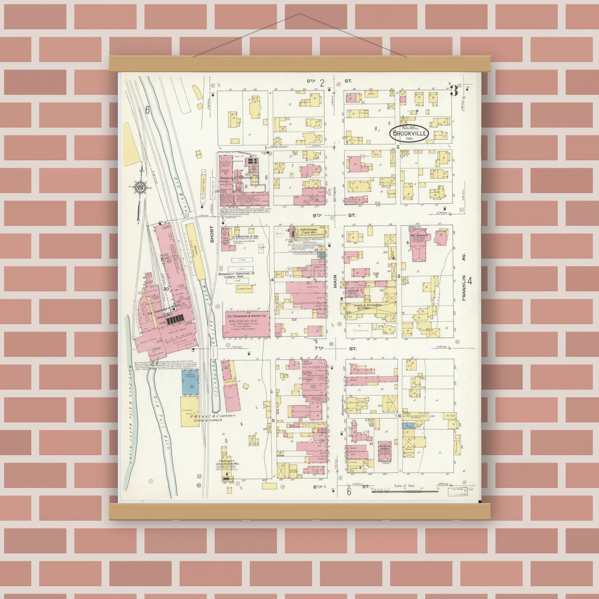 Old map wall art mockup — magnetic wood frame on brick wall — Sanborn Fire Insurance Map from Brookville, Franklin County, Indiana (1913), Sheet #0003