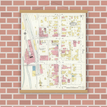Old map wall art mockup — magnetic wood frame on brick wall — Sanborn Fire Insurance Map from Brookville, Franklin County, Indiana (1913), Sheet #0003