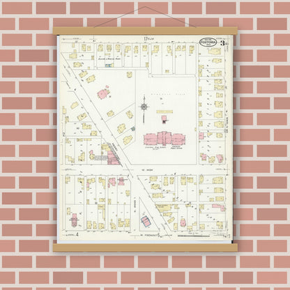 Old map wall art mockup — magnetic wood frame on brick wall — Sanborn Fire Insurance Map from Fostoria, Seneca, Hancock, And Wood Counties, Ohio (1914), Sheet #0003