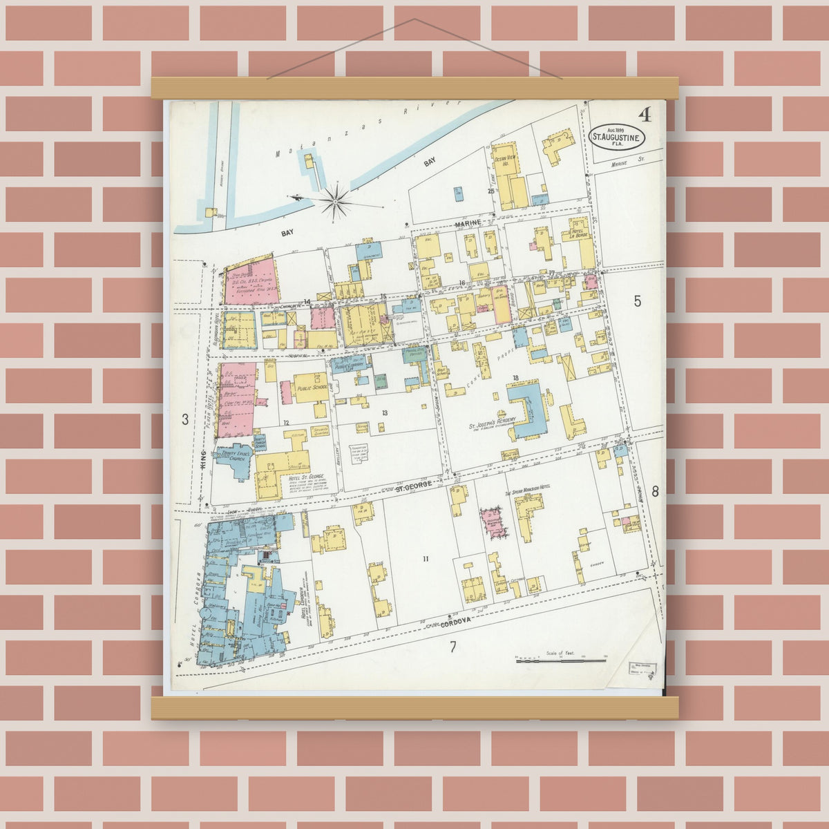 Old map wall art mockup — magnetic wood frame on brick wall — Sanborn Fire Insurance Map from Saint Augustine, Saint John's County, Florida (1899), Sheet #0004