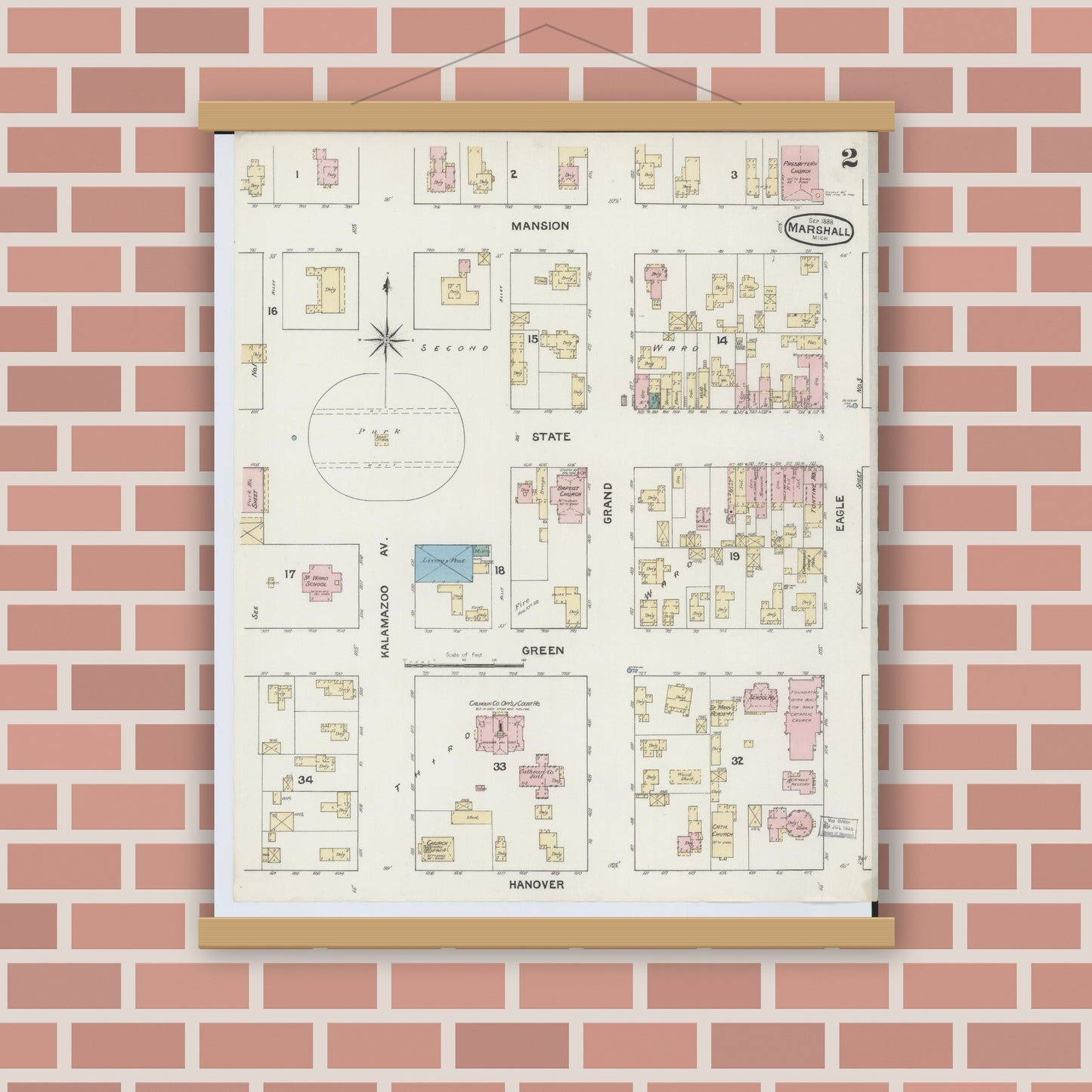Old map wall art mockup — magnetic wood frame on brick wall — Sanborn Fire Insurance Map from Marshall, Calhoun County, Michigan (1888), Sheet #0002