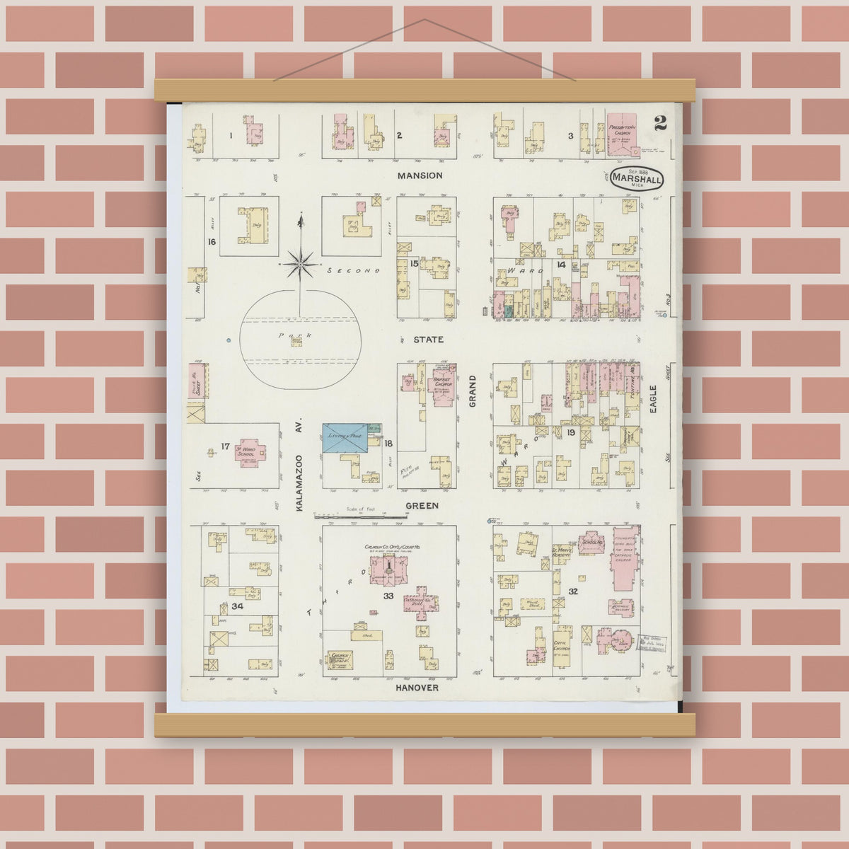 Old map wall art mockup — magnetic wood frame on brick wall — Sanborn Fire Insurance Map from Marshall, Calhoun County, Michigan (1888), Sheet #0002