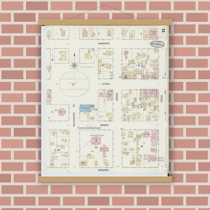 Old map wall art mockup — magnetic wood frame on brick wall — Sanborn Fire Insurance Map from Marshall, Calhoun County, Michigan (1888), Sheet #0002
