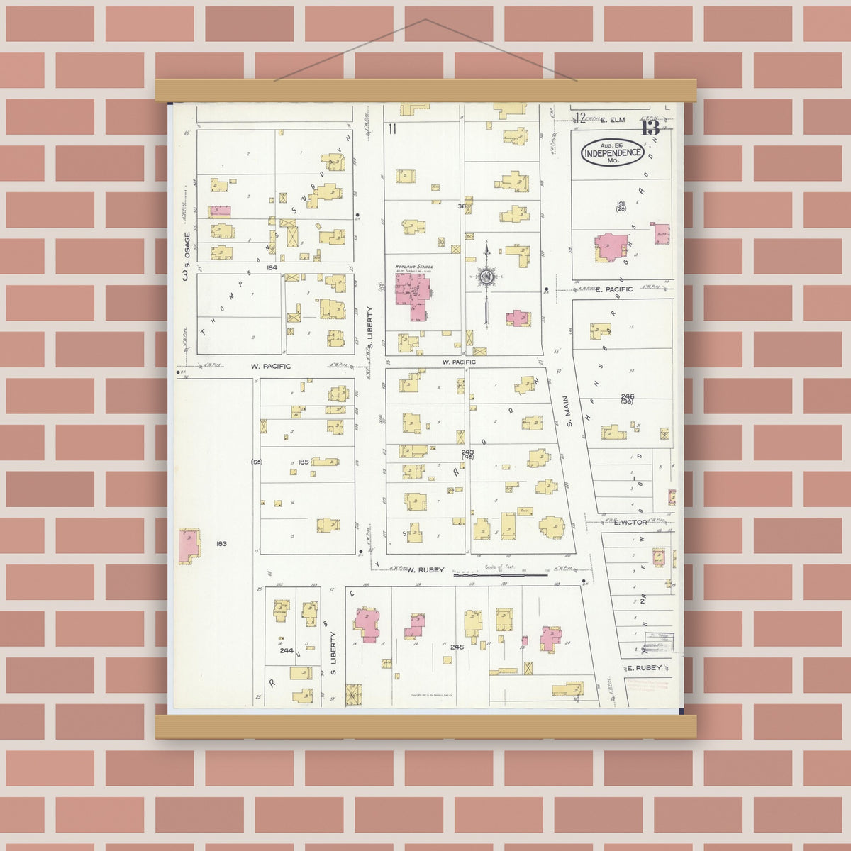 Old map wall art mockup — magnetic wood frame on brick wall — Sanborn Fire Insurance Map from Independence, Jackson County, Missouri (1916), Sheet #0013