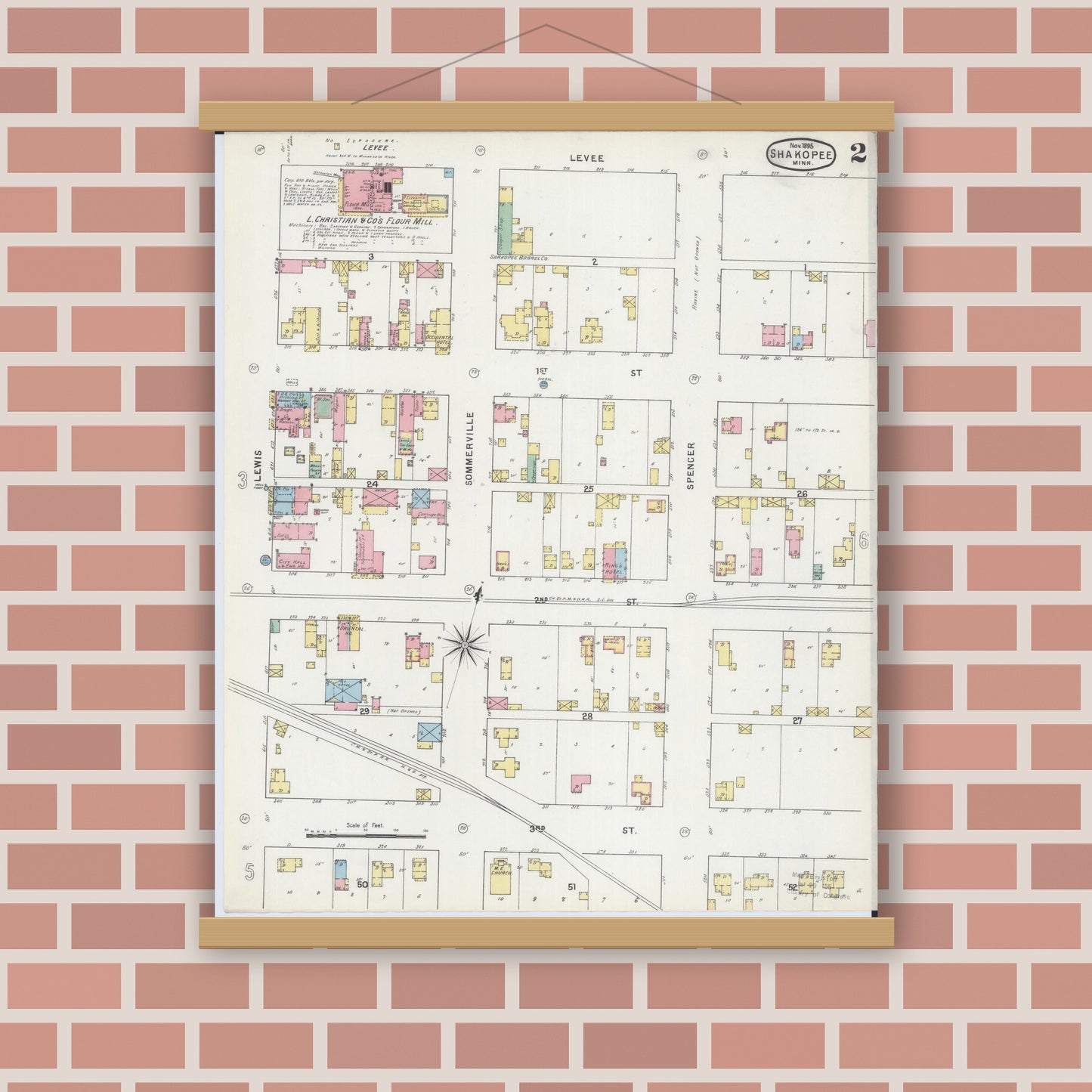 Old map wall art mockup — magnetic wood frame on brick wall — Sanborn Fire Insurance Map from Shakopee, Scott County, Minnesota (1895), Sheet #0002