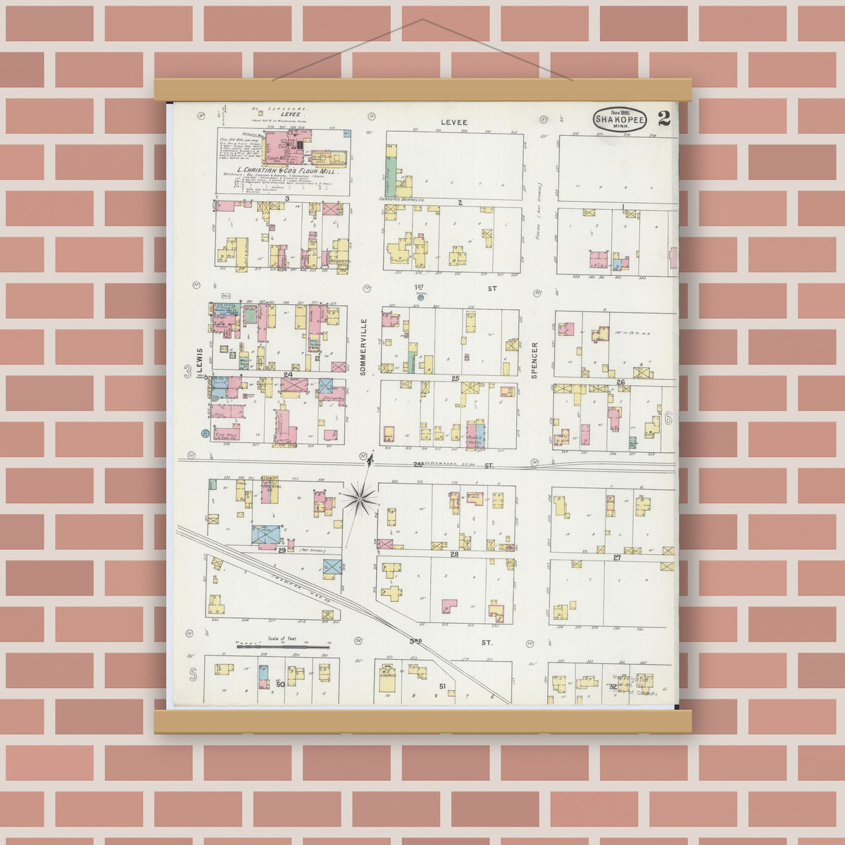 Old map wall art mockup — magnetic wood frame on brick wall — Sanborn Fire Insurance Map from Shakopee, Scott County, Minnesota (1895), Sheet #0002
