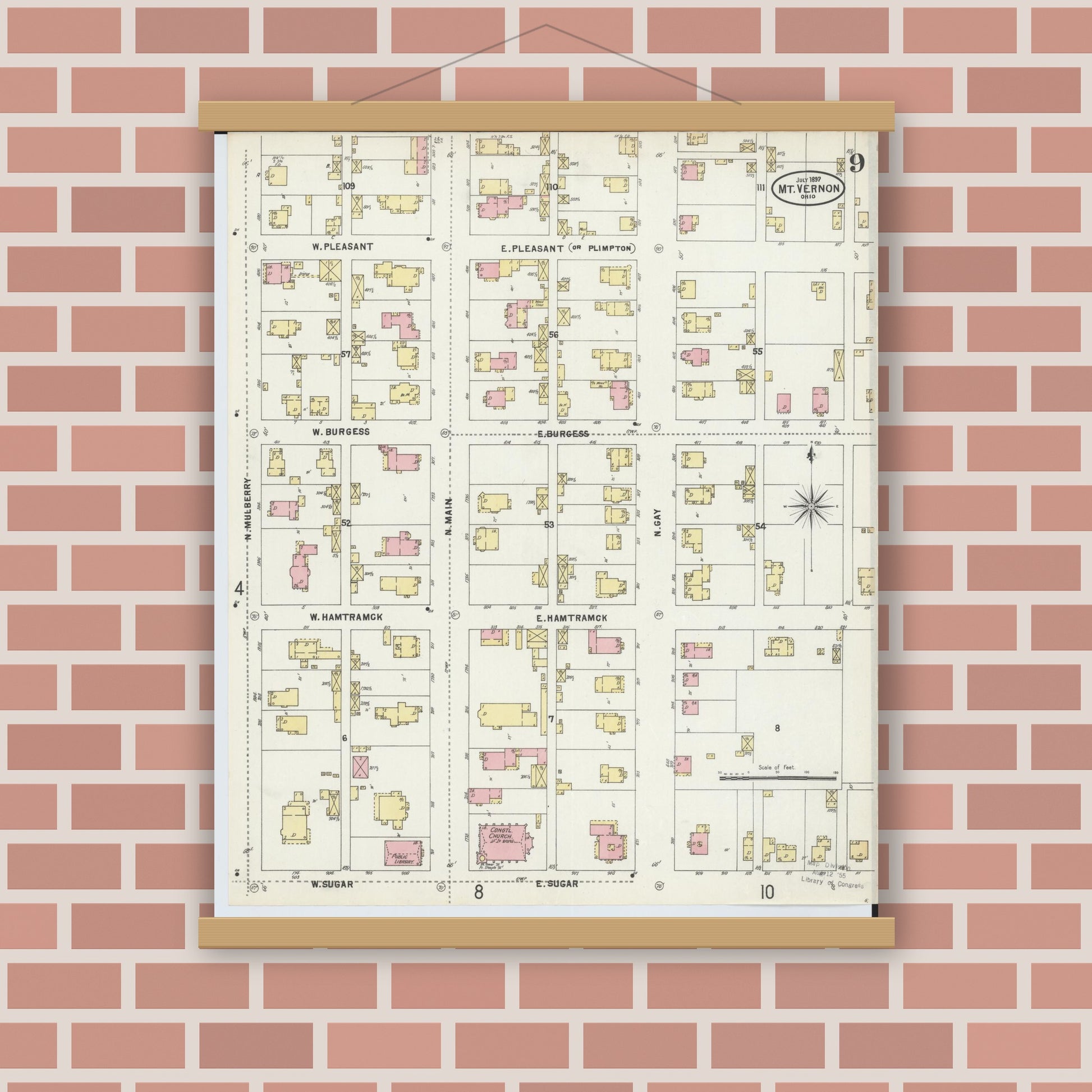 Old map wall art mockup — magnetic wood frame on brick wall — Sanborn Fire Insurance Map from Mount Vernon, Knox County, Ohio (1897), Sheet #0009