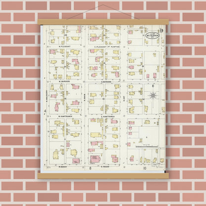 Old map wall art mockup — magnetic wood frame on brick wall — Sanborn Fire Insurance Map from Mount Vernon, Knox County, Ohio (1897), Sheet #0009