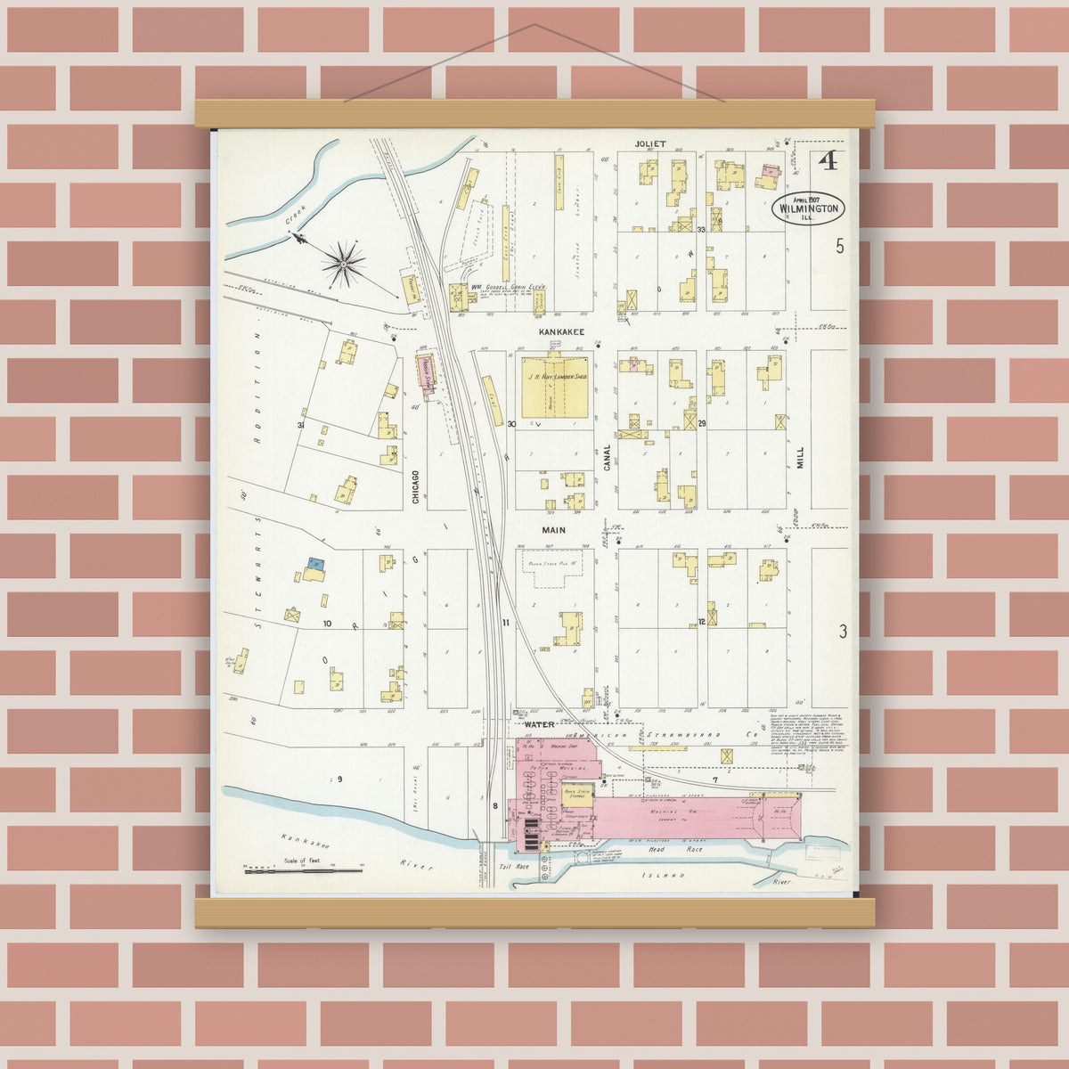 Old map wall art mockup — magnetic wood frame on brick wall — Sanborn Fire Insurance Map from Wilmington, Will County, Illinois (1907), Sheet #0004