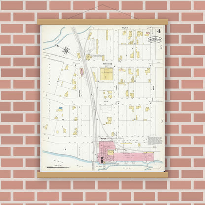 Old map wall art mockup — magnetic wood frame on brick wall — Sanborn Fire Insurance Map from Wilmington, Will County, Illinois (1907), Sheet #0004