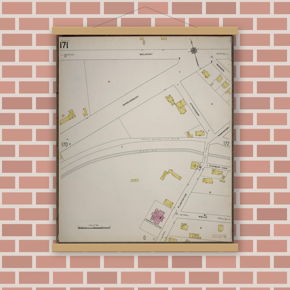 Old map wall art mockup — magnetic wood frame on brick wall — Sanborn Fire Insurance Map from Worcester, Worcester County, Massachusetts (1910), Sheet #0171