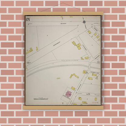 Old map wall art mockup — magnetic wood frame on brick wall — Sanborn Fire Insurance Map from Worcester, Worcester County, Massachusetts (1910), Sheet #0171