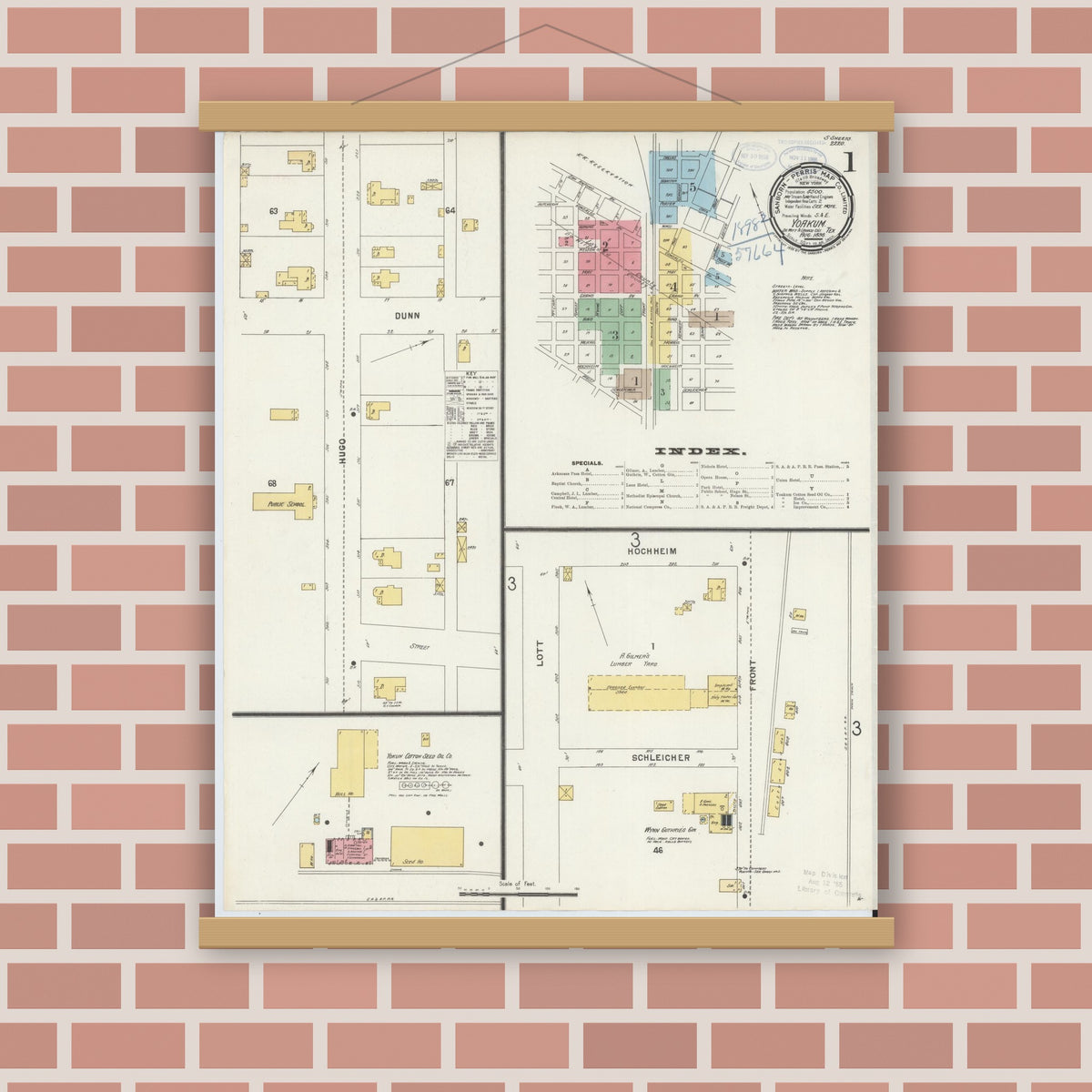Old map wall art mockup — magnetic wood frame on brick wall — Sanborn Fire Insurance Map from Yoakum, De Witt And Lavaca Counties, Texas (1898), Sheet #0001