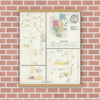 Old map wall art mockup — magnetic wood frame on brick wall — Sanborn Fire Insurance Map from Yoakum, De Witt And Lavaca Counties, Texas (1898), Sheet #0001