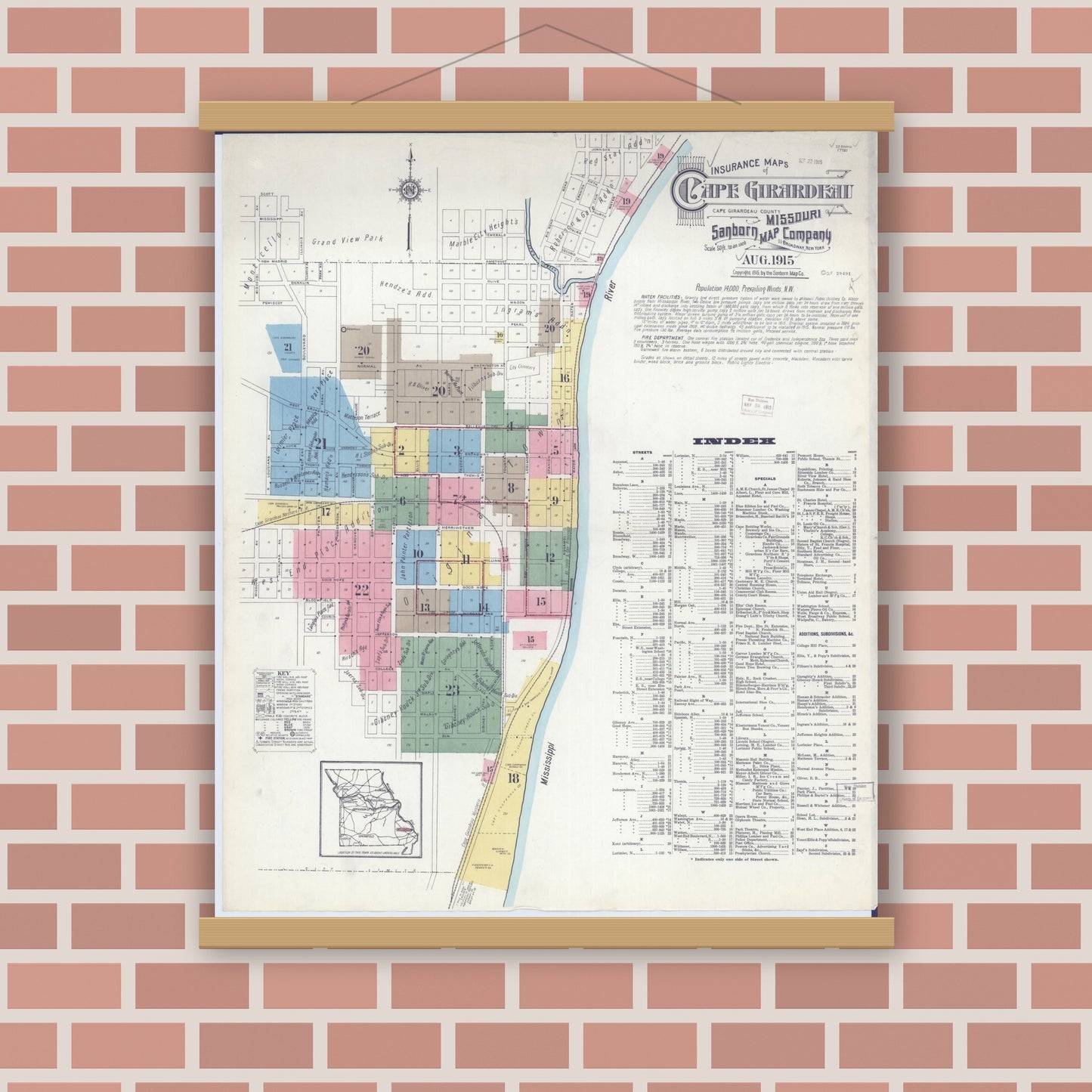 Old map wall art mockup — magnetic wood frame on brick wall — Sanborn Fire Insurance Map from Cape Girardeau, Cape Girardeau County, Missouri (1915) - Complete Map Set