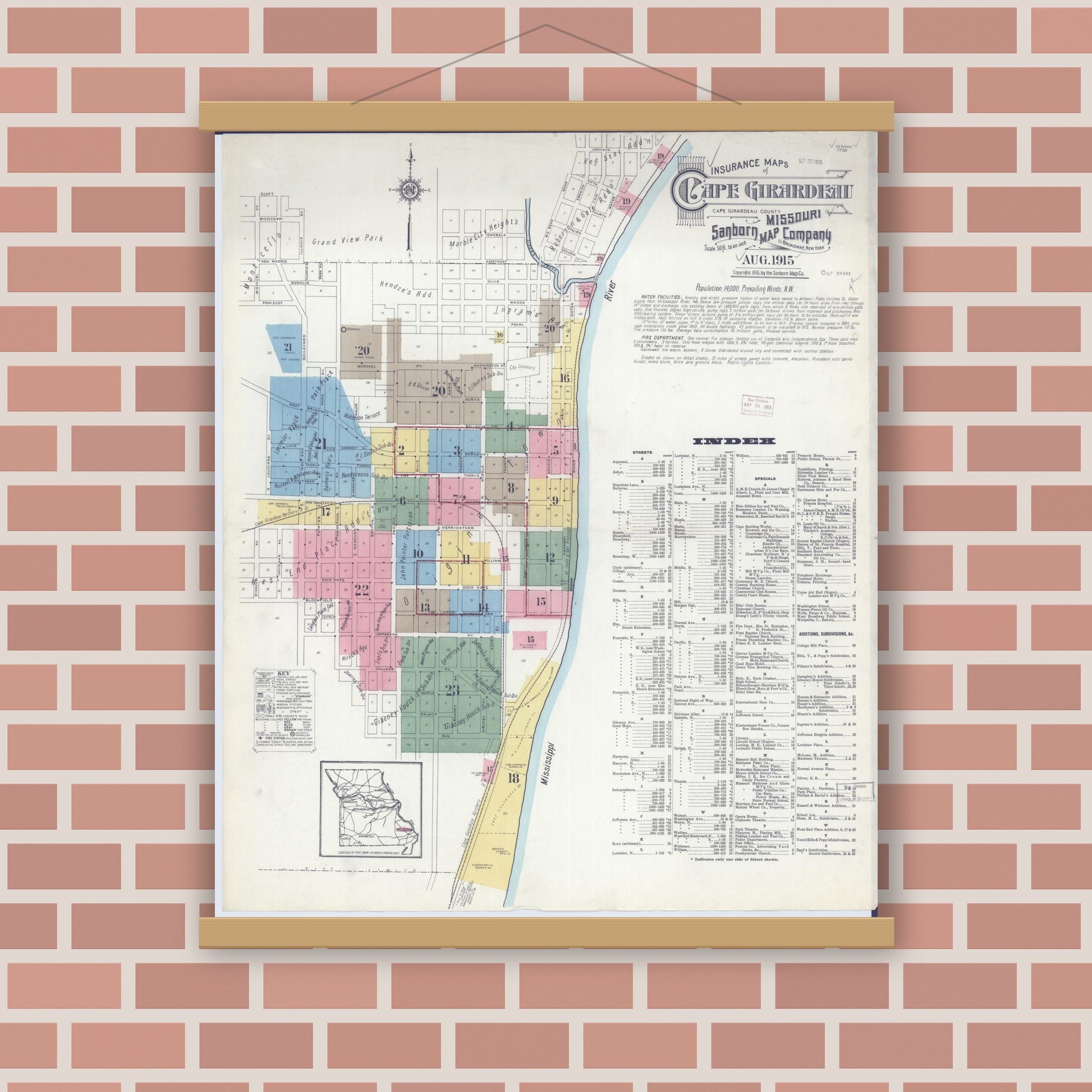 Old map wall art mockup — magnetic wood frame on brick wall — Sanborn Fire Insurance Map from Cape Girardeau, Cape Girardeau County, Missouri (1915) - Complete Map Set