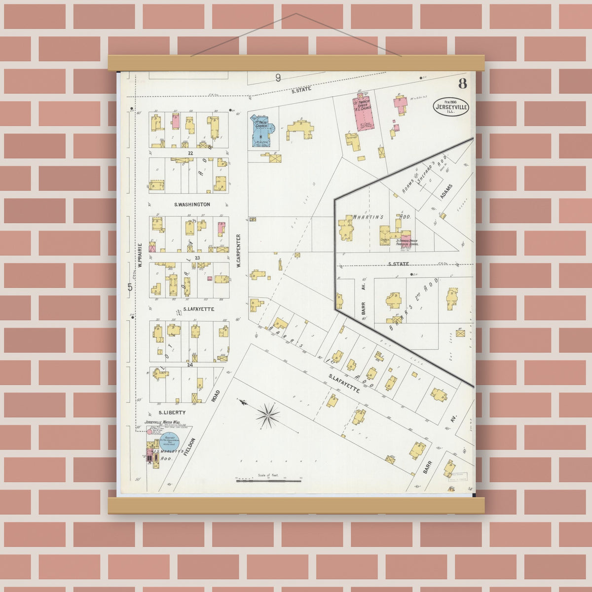 Old map wall art mockup — magnetic wood frame on brick wall — Sanborn Fire Insurance Map from Jerseyville, Jersey County, Illinois (1900), Sheet #0008