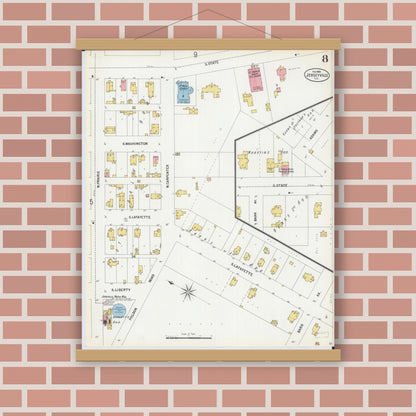 Old map wall art mockup — magnetic wood frame on brick wall — Sanborn Fire Insurance Map from Jerseyville, Jersey County, Illinois (1900), Sheet #0008