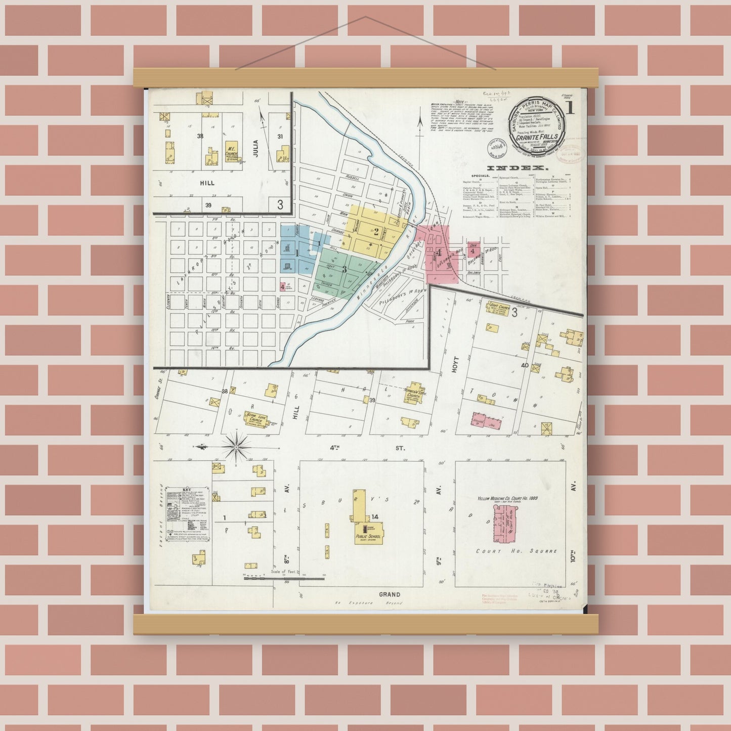Old map wall art mockup — magnetic wood frame on brick wall — Sanborn Fire Insurance Map from Granite Falls, Yellow Medicine And Chippewa Counties, Minnesota (1899) - Complete Map Set