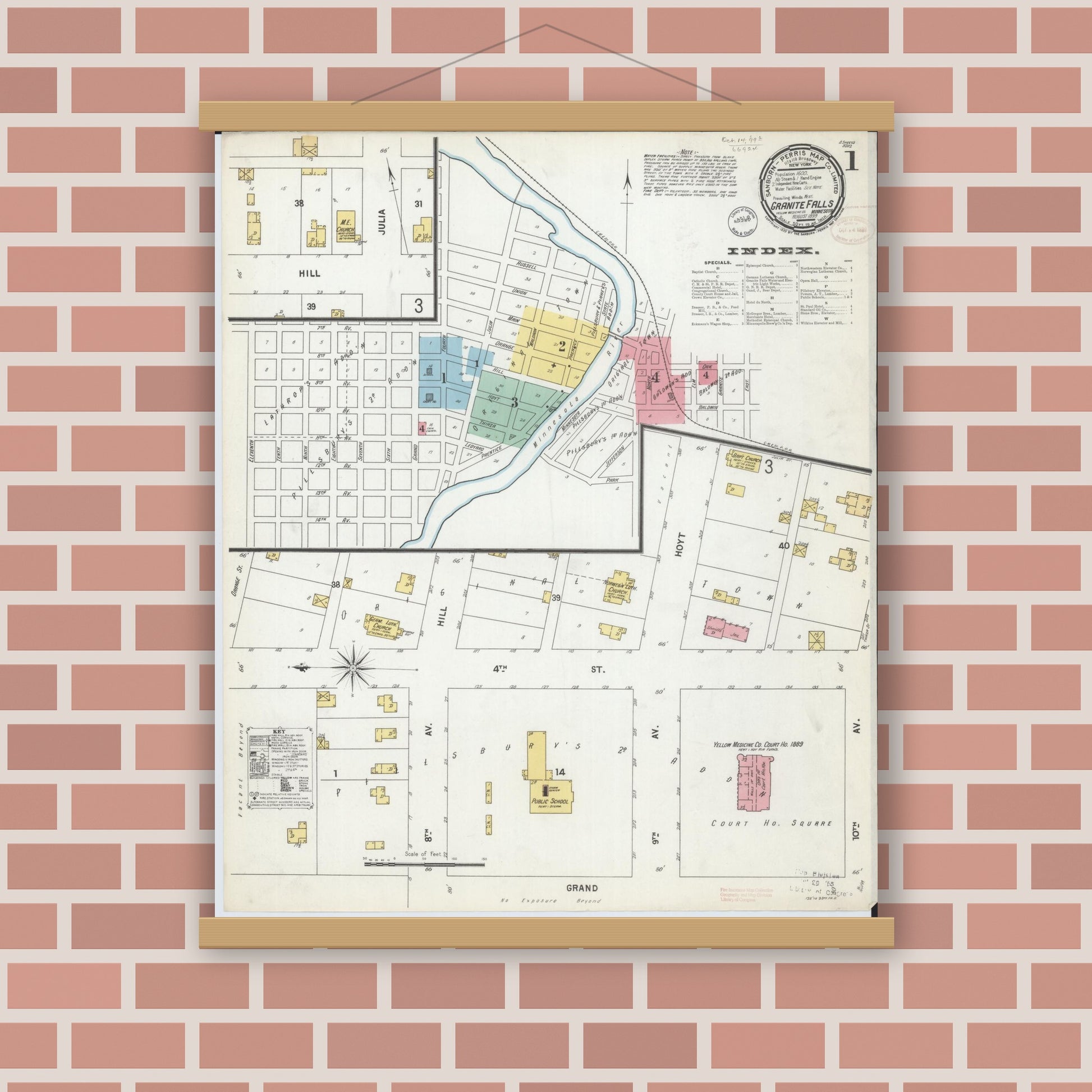 Old map wall art mockup — magnetic wood frame on brick wall — Sanborn Fire Insurance Map from Granite Falls, Yellow Medicine And Chippewa Counties, Minnesota (1899) - Complete Map Set