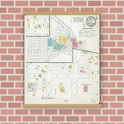 Old map wall art mockup — magnetic wood frame on brick wall — Sanborn Fire Insurance Map from Granite Falls, Yellow Medicine And Chippewa Counties, Minnesota (1899) - Complete Map Set