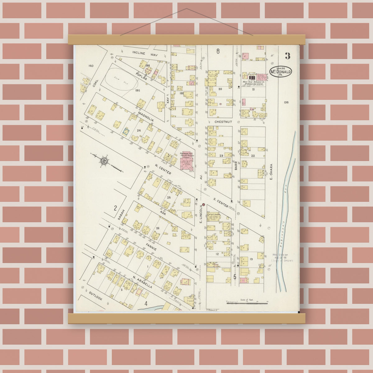 Old map wall art mockup — magnetic wood frame on brick wall — Sanborn Fire Insurance Map from McDonald, Washington County, Pennsylvania (1915), Sheet #0003