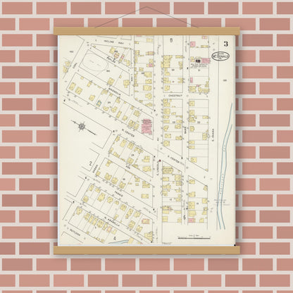 Old map wall art mockup — magnetic wood frame on brick wall — Sanborn Fire Insurance Map from McDonald, Washington County, Pennsylvania (1915), Sheet #0003