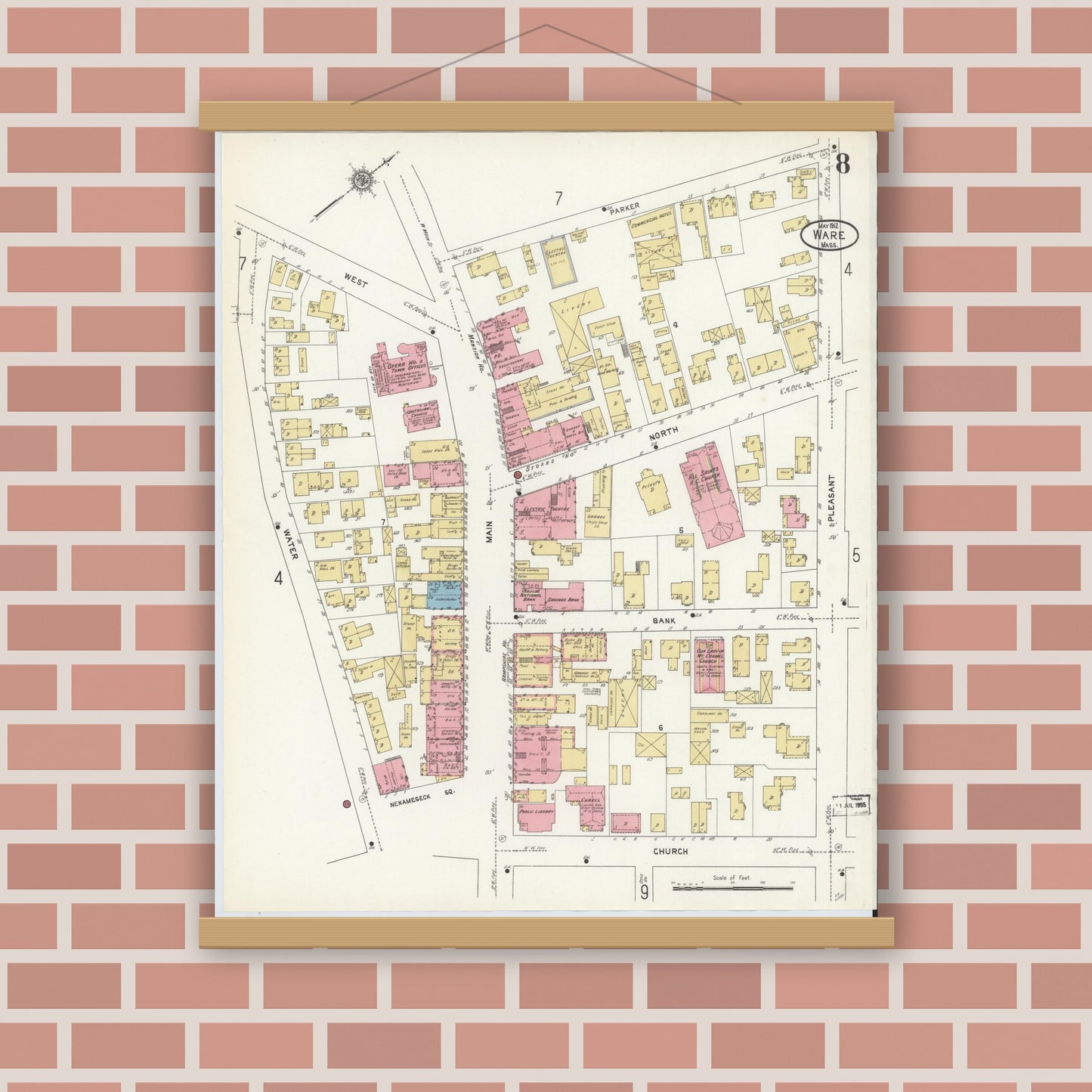 Old map wall art mockup — magnetic wood frame on brick wall — Sanborn Fire Insurance Map from Ware, Hampshire County, Massachusetts (1912), Sheet #0008