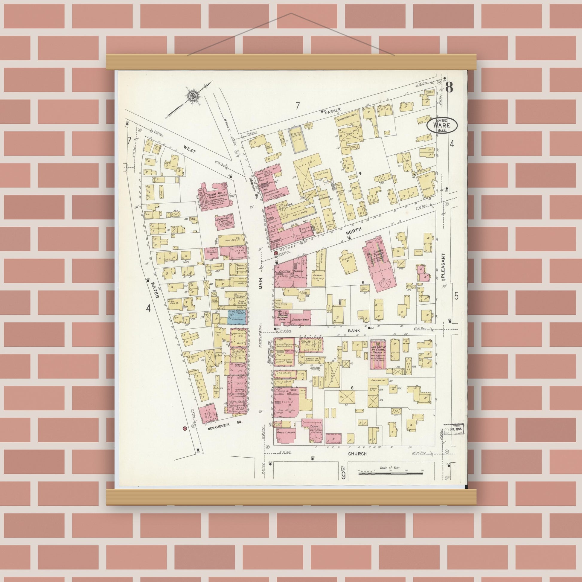 Old map wall art mockup — magnetic wood frame on brick wall — Sanborn Fire Insurance Map from Ware, Hampshire County, Massachusetts (1912), Sheet #0008