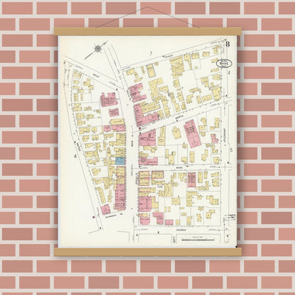Old map wall art mockup — magnetic wood frame on brick wall — Sanborn Fire Insurance Map from Ware, Hampshire County, Massachusetts (1912), Sheet #0008