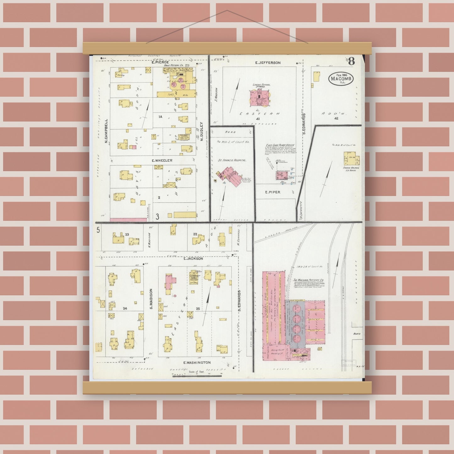 Old map wall art mockup — magnetic wood frame on brick wall — Sanborn Fire Insurance Map from Macomb, Mcdonough County, Illinois (1906), Sheet #0008