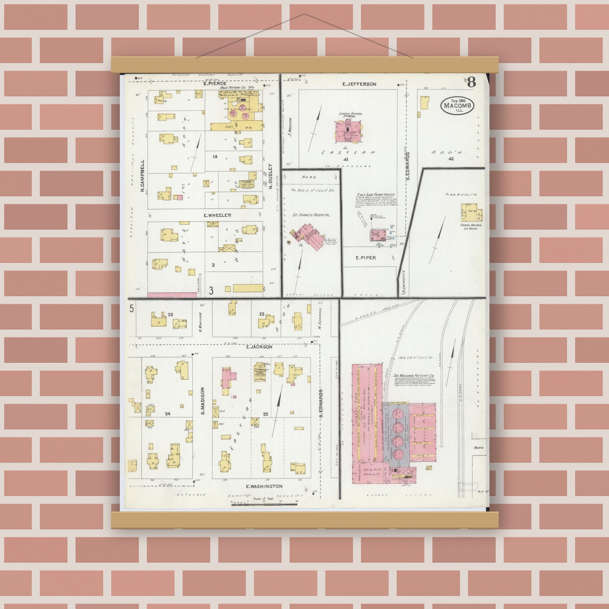 Old map wall art mockup — magnetic wood frame on brick wall — Sanborn Fire Insurance Map from Macomb, Mcdonough County, Illinois (1906), Sheet #0008