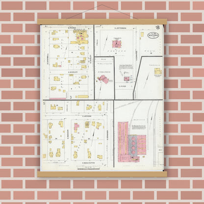 Old map wall art mockup — magnetic wood frame on brick wall — Sanborn Fire Insurance Map from Macomb, Mcdonough County, Illinois (1906), Sheet #0008