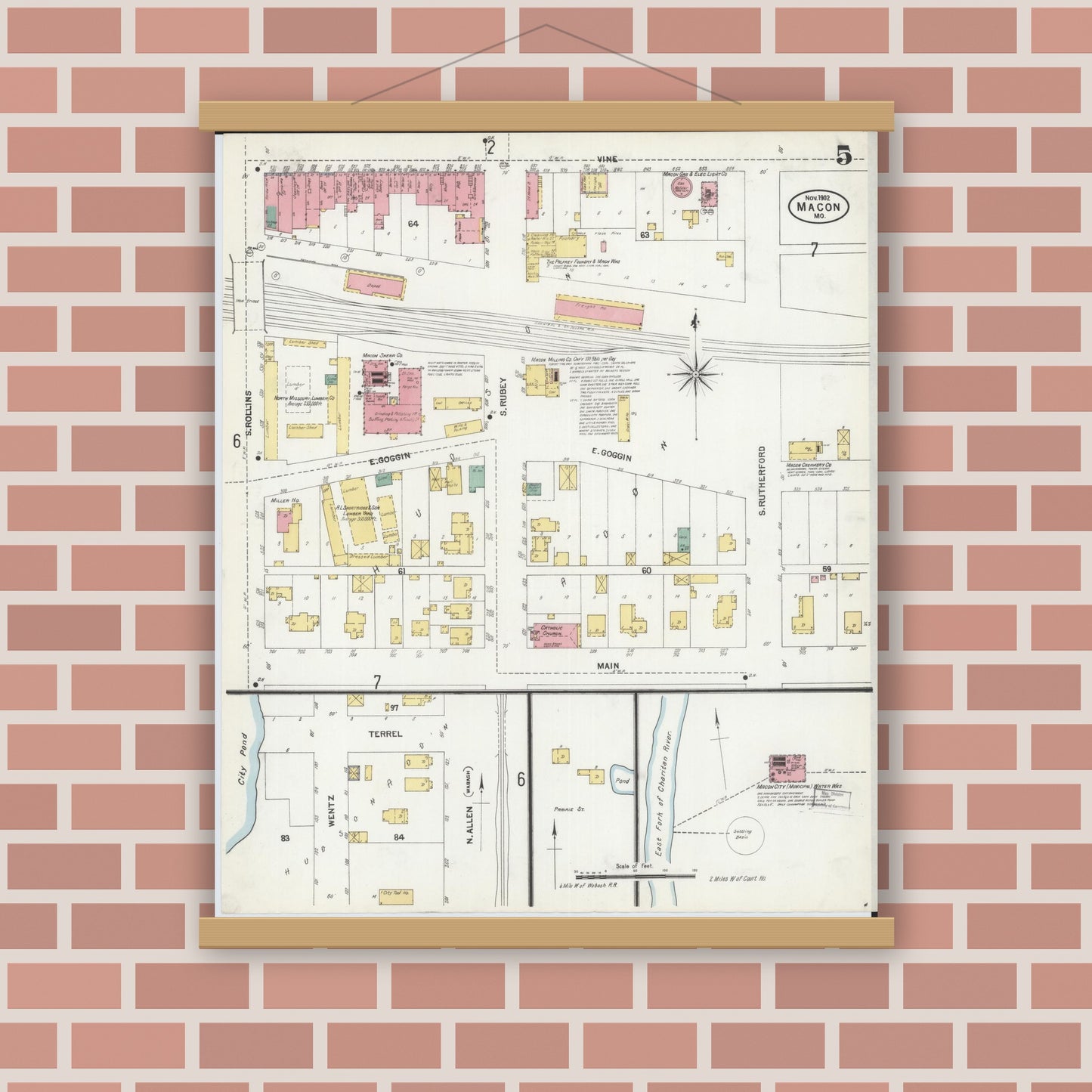 Old map wall art mockup — magnetic wood frame on brick wall — Sanborn Fire Insurance Map from Macon, Macon County, Missouri (1902), Sheet #0005