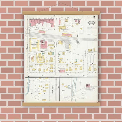 Old map wall art mockup — magnetic wood frame on brick wall — Sanborn Fire Insurance Map from Macon, Macon County, Missouri (1902), Sheet #0005